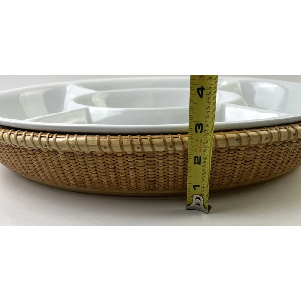 15 Inch Sectional Serving Tray/Plate White W/Wooden Holder
